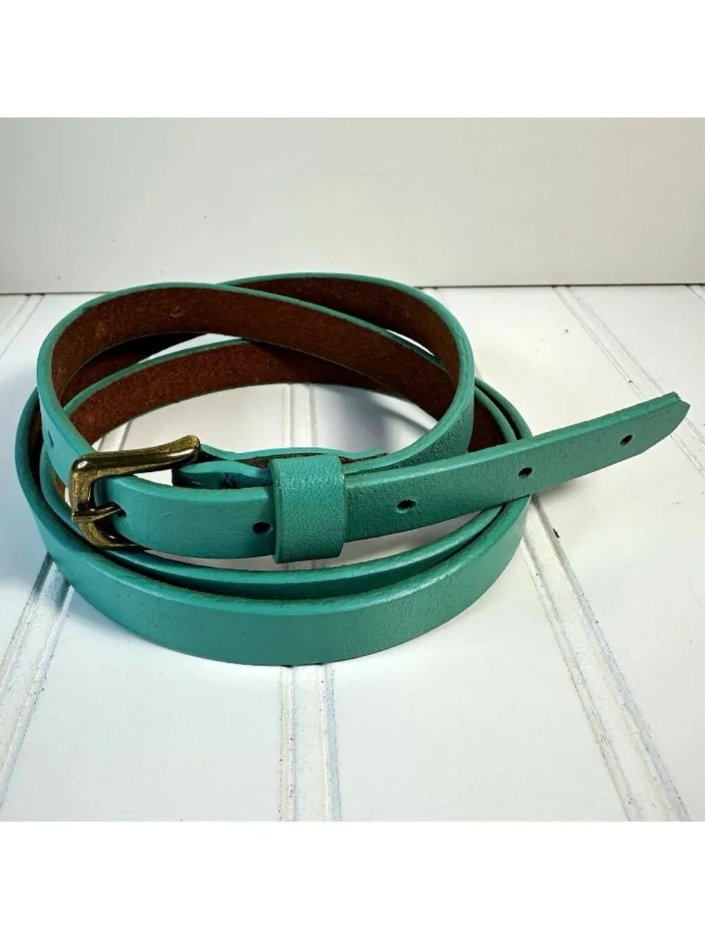 Women's Teal Skinny Belt 38” Solid Adjustable Brass Metal Buckle Retro Mod Y2K